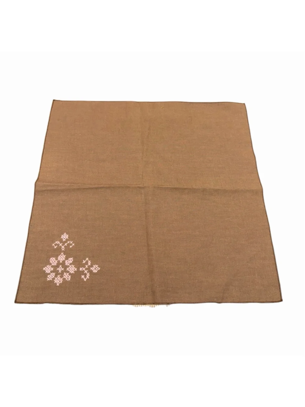 Vintage Set of 3 Brown Linen Embroidered Napkins Pink Cross Stitch Floral Table